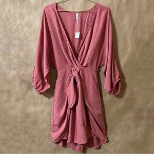 Anthropologie NWT Puff Sleeve Wrap Mini Dress Linen Blend Tie Front Pink Size 8